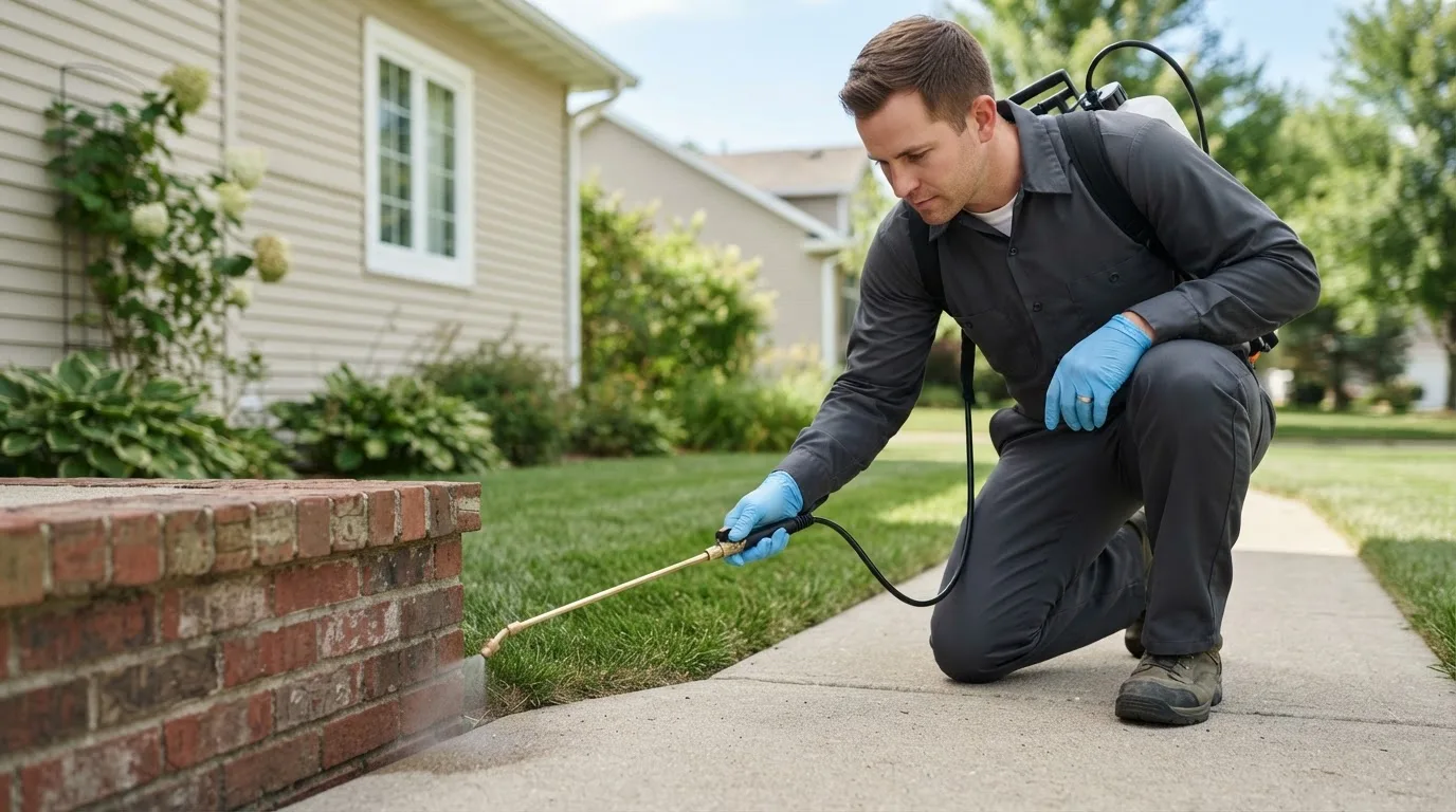 Pest control technician treating a home near Montpelier, VT